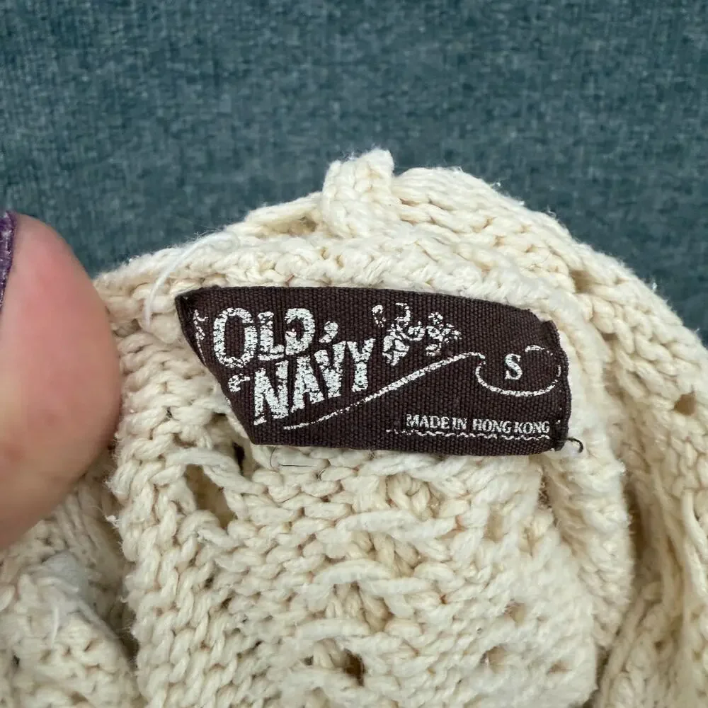 Vintage Old Navy Girls Chunky Open Knit Hooded Sweater Size S Cream Button Front